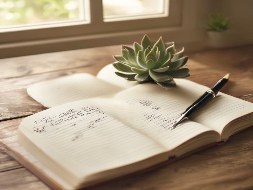 Notebook with handwritten notes and minimal desk arrangement